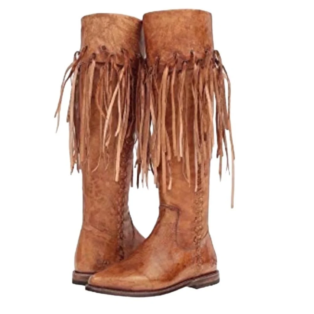 BED STU Hoplia Tan Driftwood Fringe Trim Riding Boots Size 7.5